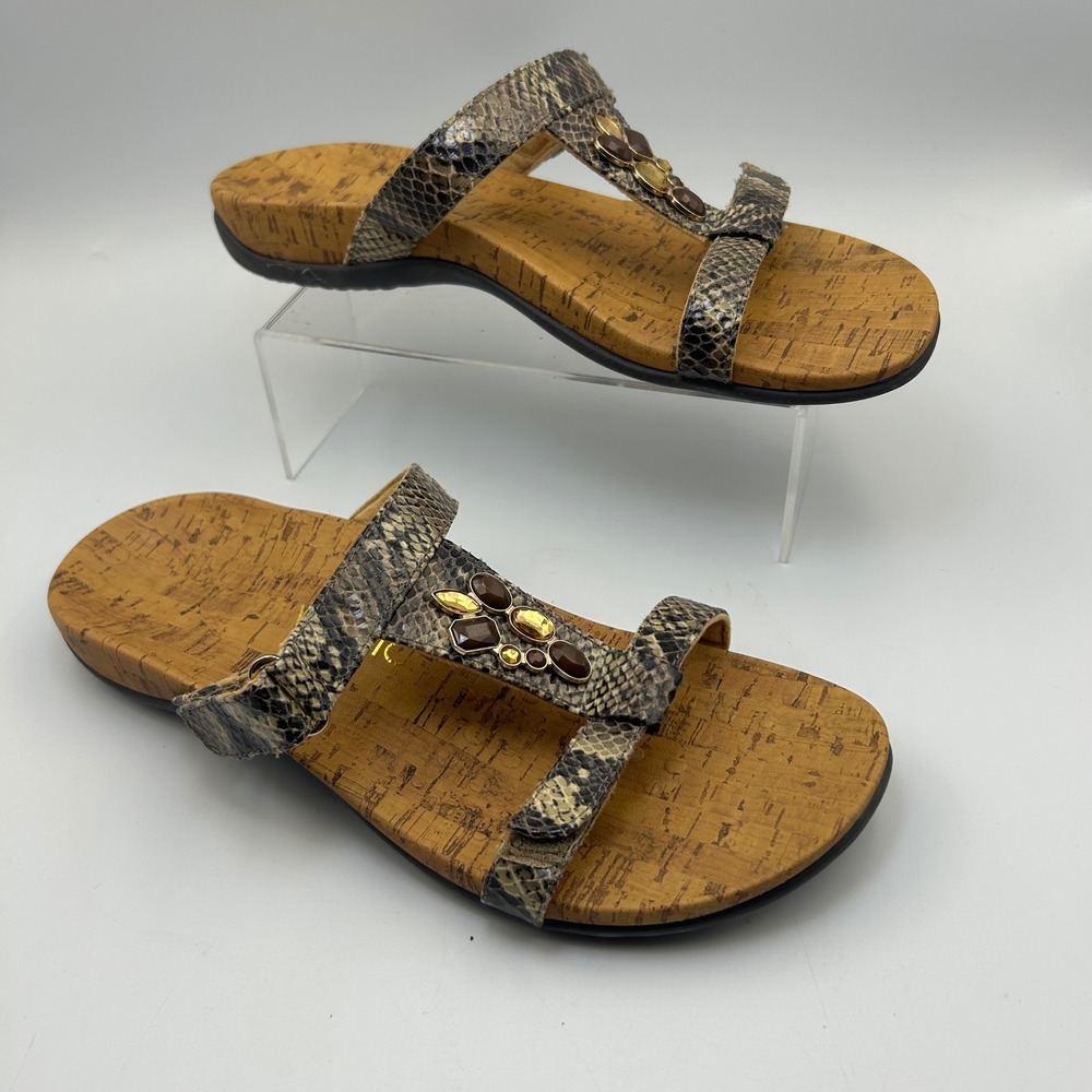 Vionic Viviana Sandals Women 12 W Brown Snake Print Jewel Orthotic Boho Summer